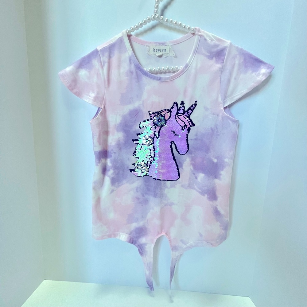 Btween Short Sleeve Shirt with Sequin Unicorn Design, Size 10